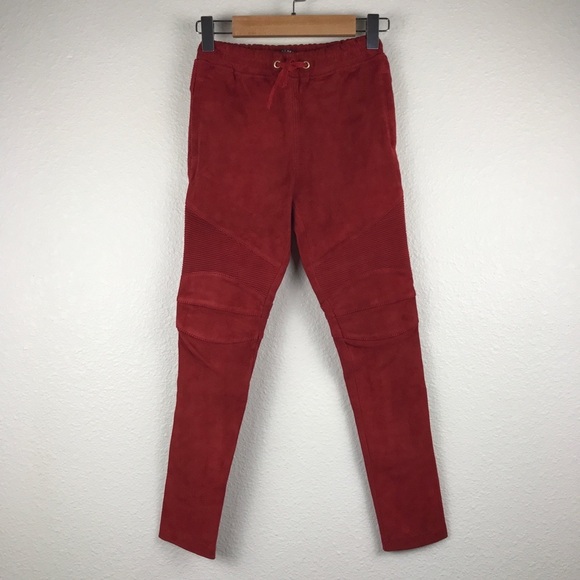 Balmain Boys Red Lamb Suede Moto Pants Size 8 - Picture 1 of 9